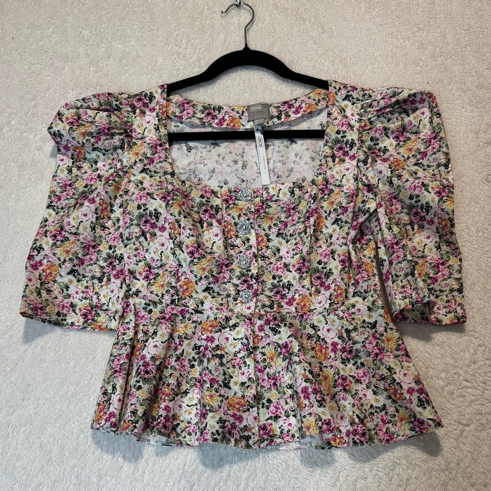 ASOS Floral Peplum Puff Sleeves Top Size 2 New